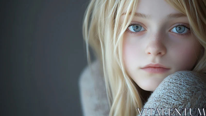 Soft-lit blonde portrait captures quiet blue-eyed tenderness