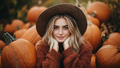 Woman in brown hat poses among pumpkins in shallow focus