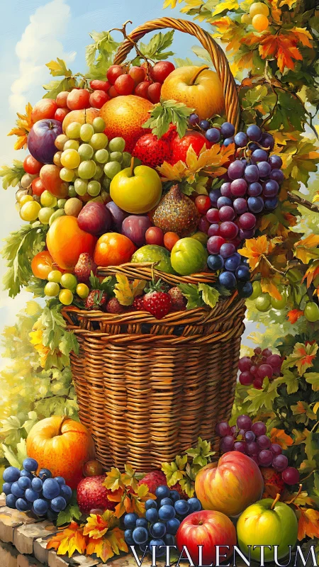 Tall wicker basket holds abundant colorful autumn fruit