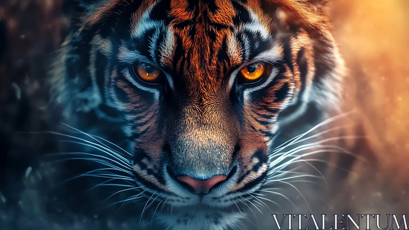 Tiger face portrait shows intense amber eyes in close focus