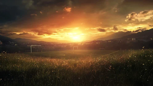Empty football field with sunset over distant hill town.