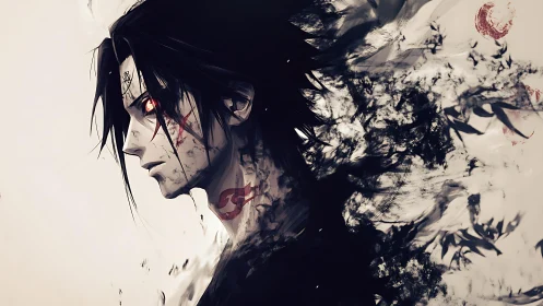 Dark anime warrior with red eyes in dissolving shadows.