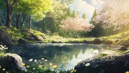 Spring pond in forest clearing with cherry blossom trees.