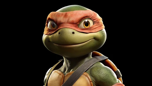 3D anthropomorphic turtle character with orange mask.