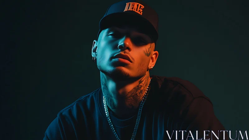 Tattooed man in cap under teal and orange studio lighting.