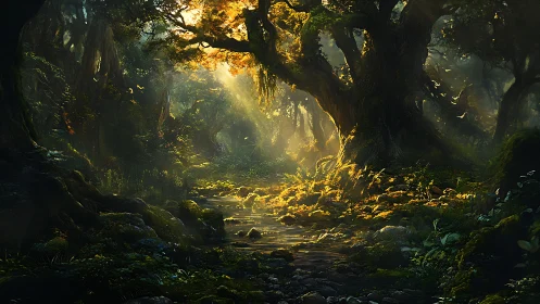 Cathedral Canopy: Ancient Forest Tunnel with Crepuscular Light Phenomena.