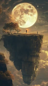 Floating cliff with figures under large illuminated moon.