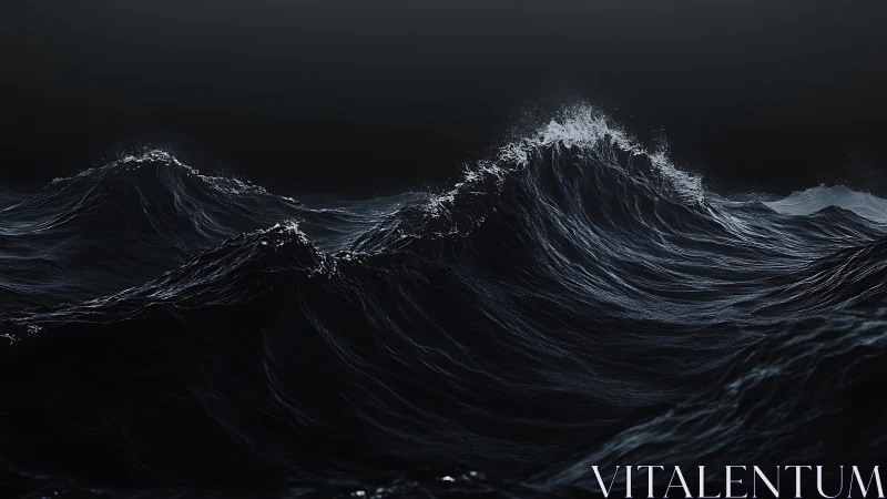 Dark stormy ocean waves under heavy overcast sky.