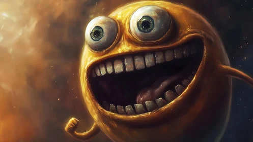 Surreal grinning orb character in deep space environment.