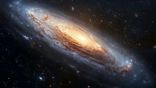 Spiral galaxy with bright core and dust lanes in deep space.