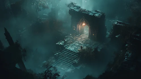 Fog-drenched ruin gate with volumetric light cascade.