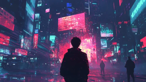Cyberpunk rain-soaked boulevard with neon backlit silhouette.