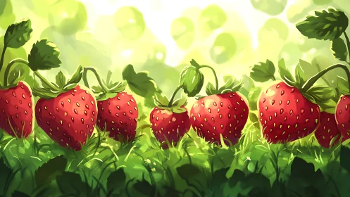 Sunlit garden strawberries glow in lush green foliage.