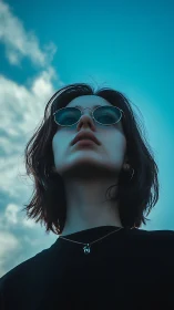 Person wearing round sunglasses captured from low angle