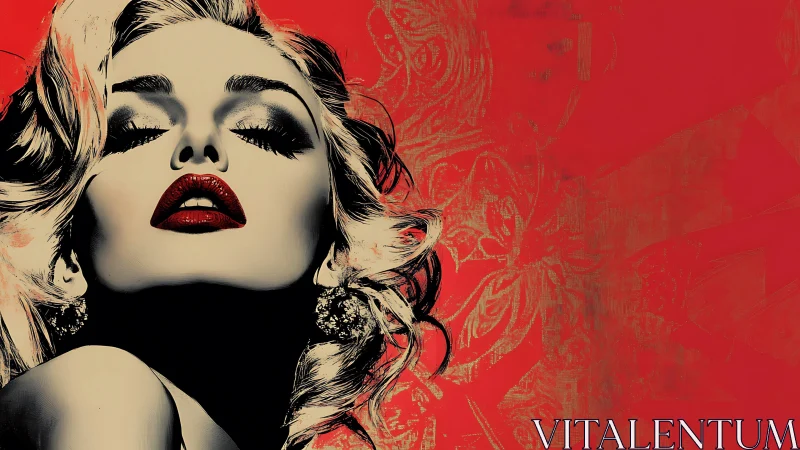 Stylized female portrait rendered against flat red ground