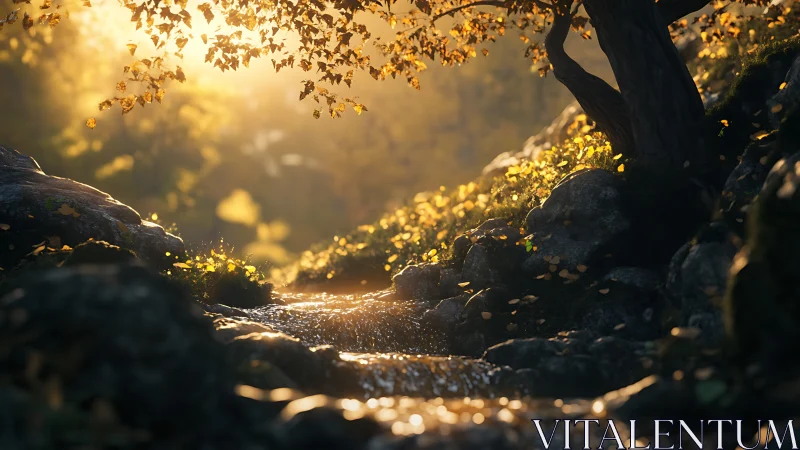 Golden hour forest stream with backlit foliage and wet rocks