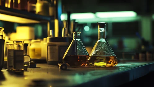 Laboratory flasks with colored liquids on dim workbench.