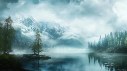 Mist-draped mountain lake whispering in pale blue hush.