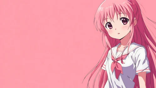Soft pink anime schoolgirl gazes quietly into empty space