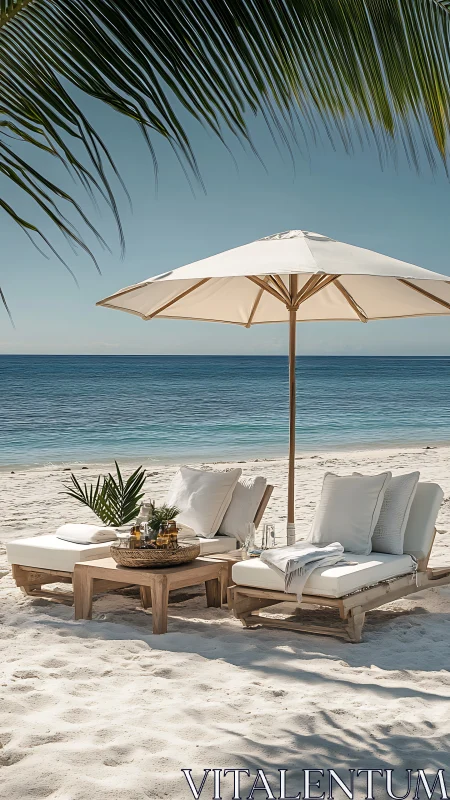 Luxury lounge chairs and umbrella on a calm tropical beach.