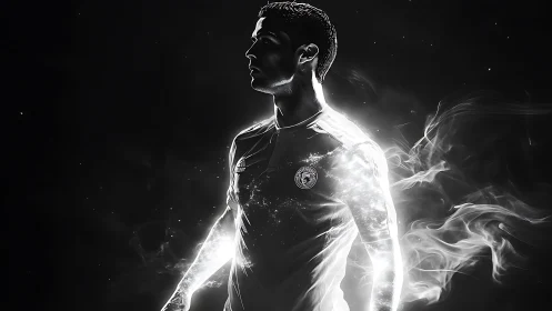 Glowing footballer silhouette radiates energy in smoke