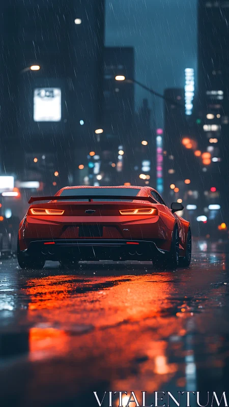 Red sports car in rainy neon city with reflective streets.