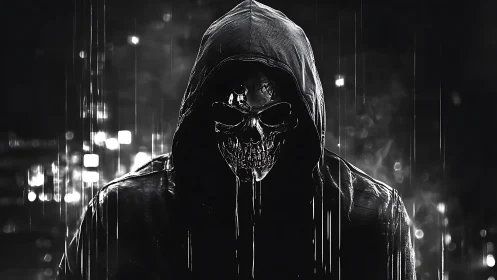 Monochrome hooded skull specter in cinematic cyberpunk lighting.