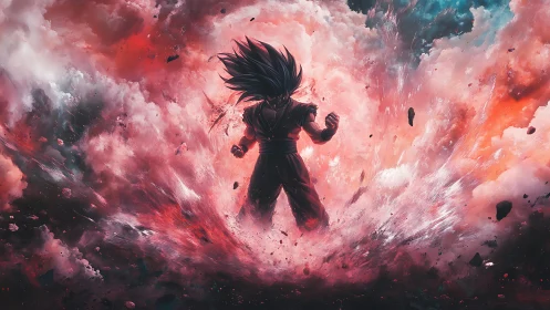 Silhouetted warrior ignites cosmic storm in vivid clouds.