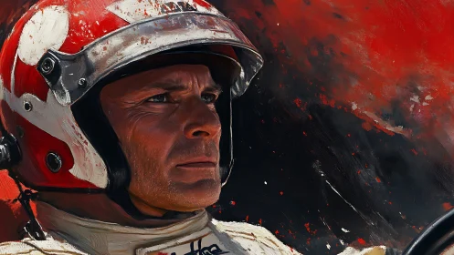 Focused race driver stares ahead through swirling red speed