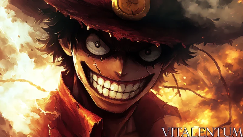 Smirking anime pirate commands raging blazing inferno