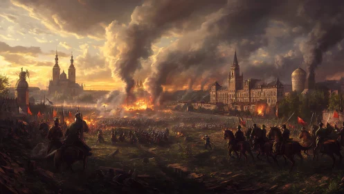 Medieval cavalry engagement before burning walled city.