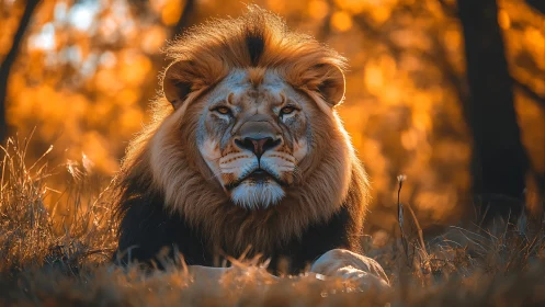 Majestic lion rests in golden sunset grassland tranquility
