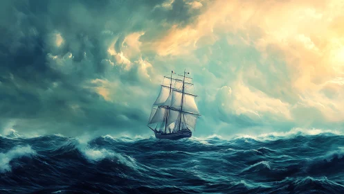 Storm-tossed tall ship under dramatic glowing sky at sea.