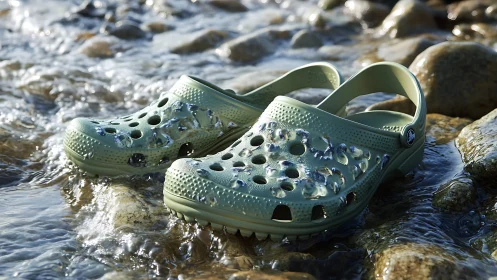 Green rubber clogs rest in shallow flowing water on rocks
