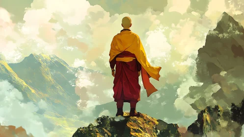 Quiet monk gazes over glowing mountain peaks and clouds