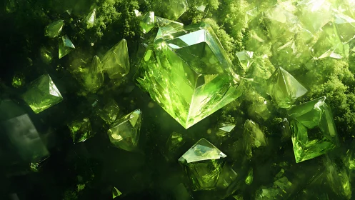 Emerald crystal shards drift through glowing mossy void.