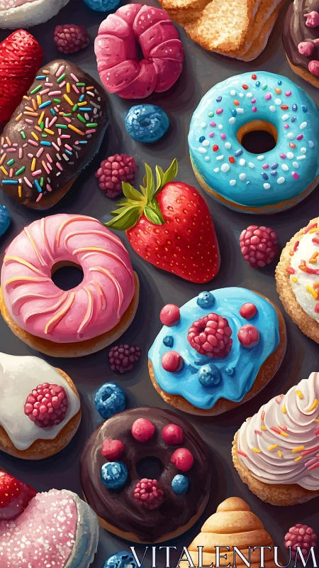 Vibrant iced donuts with berries in stylized overhead layout.