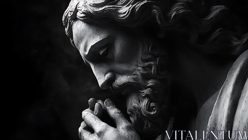 Chiaroscuro stone effigy in contemplative anatomical profile.