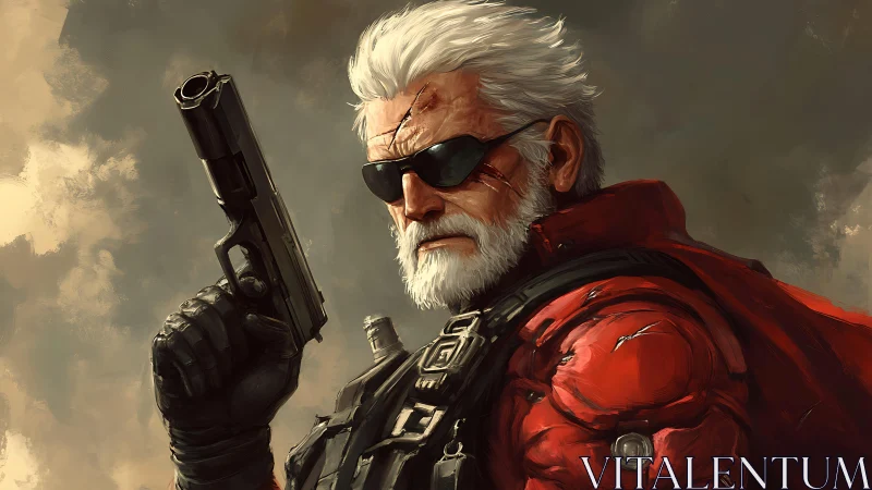 Older white haired soldier holds handgun and stares forward