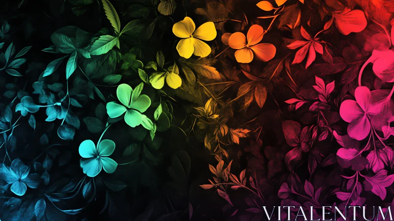 Chromatic gradient foliage array with spectral floral overlays.