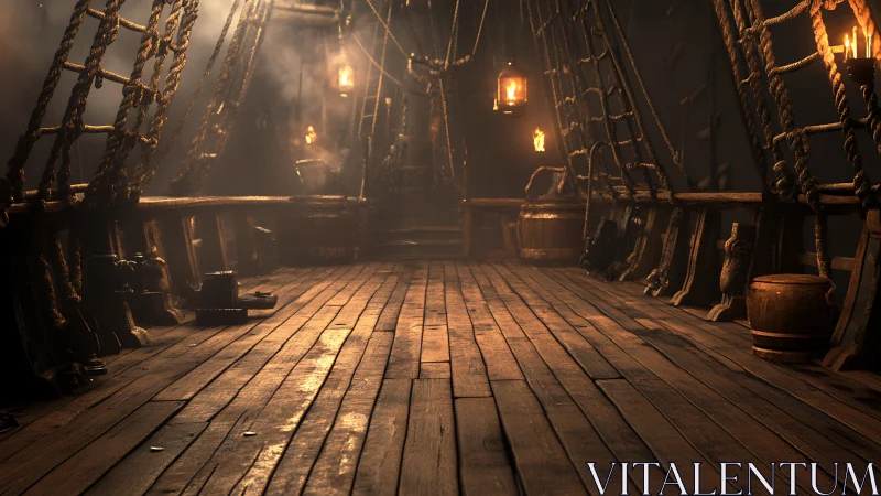 Wooden ship deck interior lit by hanging lanterns at night