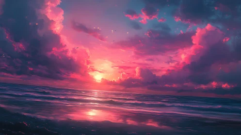 Sunset sky illuminates calm ocean with vivid neon colors