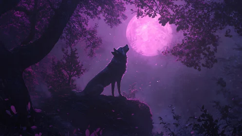 Lunar-lit wolf silhouette in magenta forest digital fantasy scene.