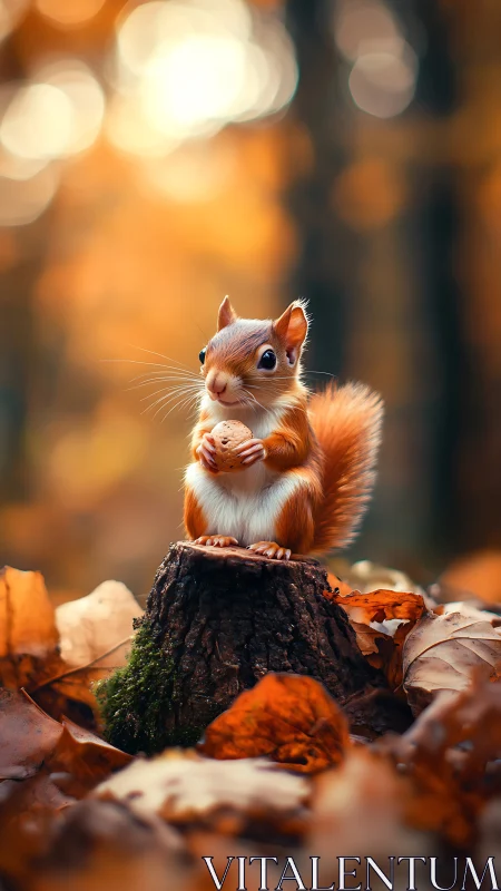 Red squirrel holding nut on stump in sharp autumn forest