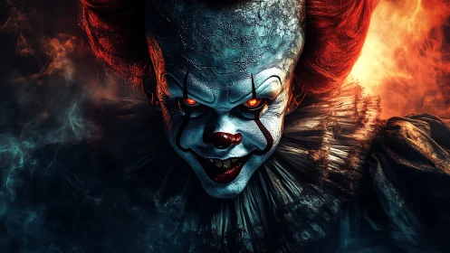 Symmetrical close-up of sinister clown under dual lighting.