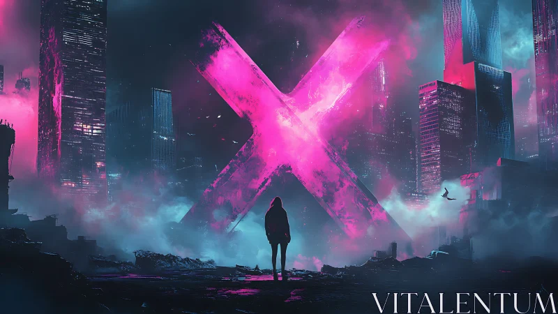 Neon crossroads with a lone wanderer in a misty future city.