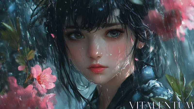 Rain-soaked anime girl among pink blossoms, close portrait.