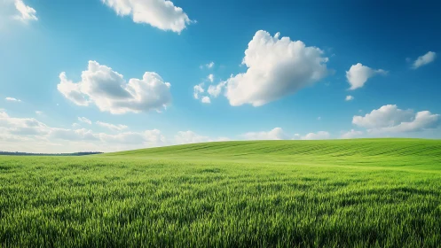 Sunny green meadow under soft clouds and a bright blue sky.