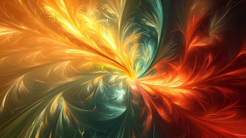 Solar bloom vortex in molten teal, ember red and gold light.