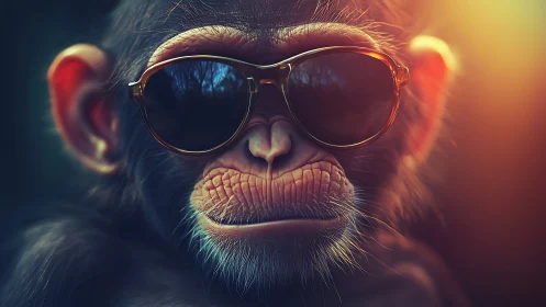 Primate portrait wearing sunglasses in warm side lighting.